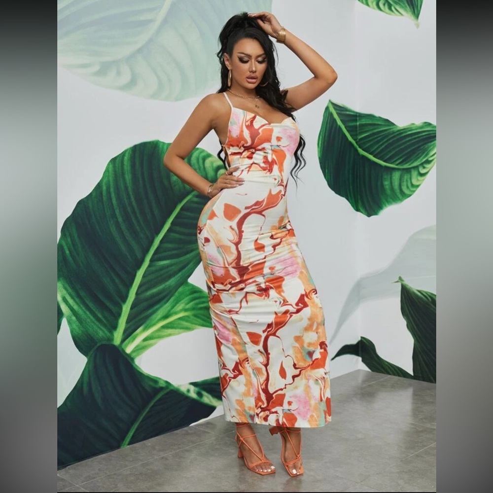 SHEIN Tie Dye Lace Up Backless Split Thigh Dress
